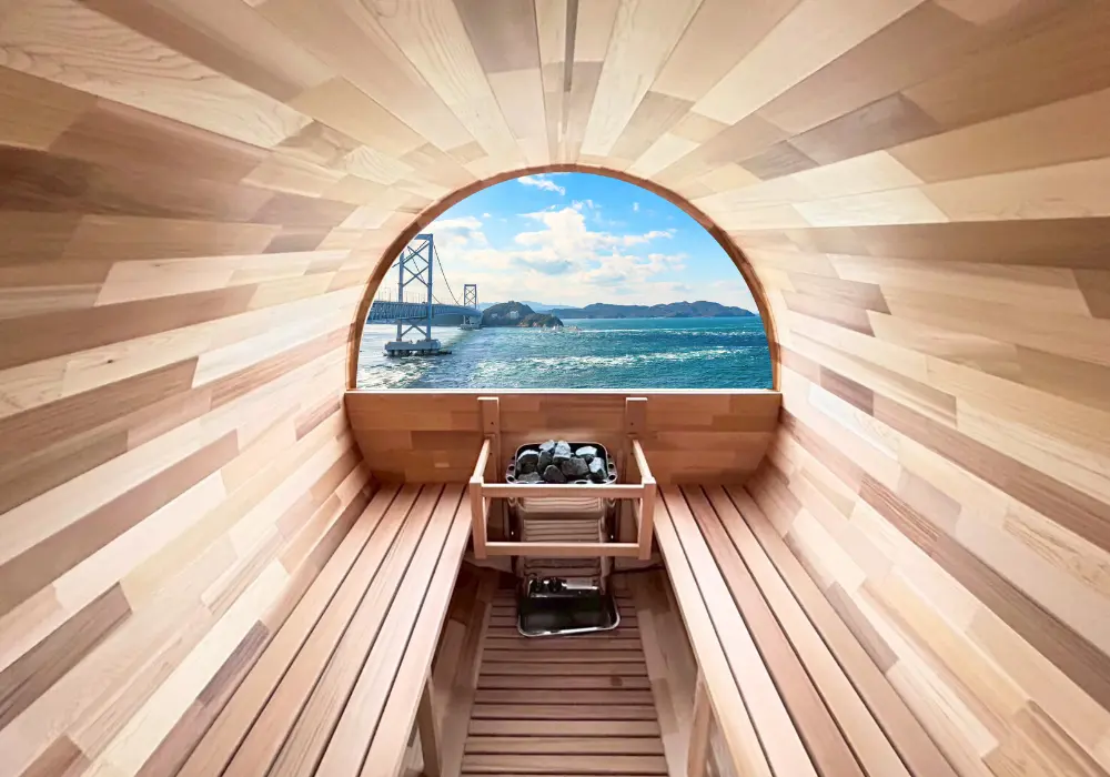 【バレルサウナ】ハーフ窓Bタイプ 室内4名用/外椅子なし 1,800×1,800mm＜レッドシダー＞